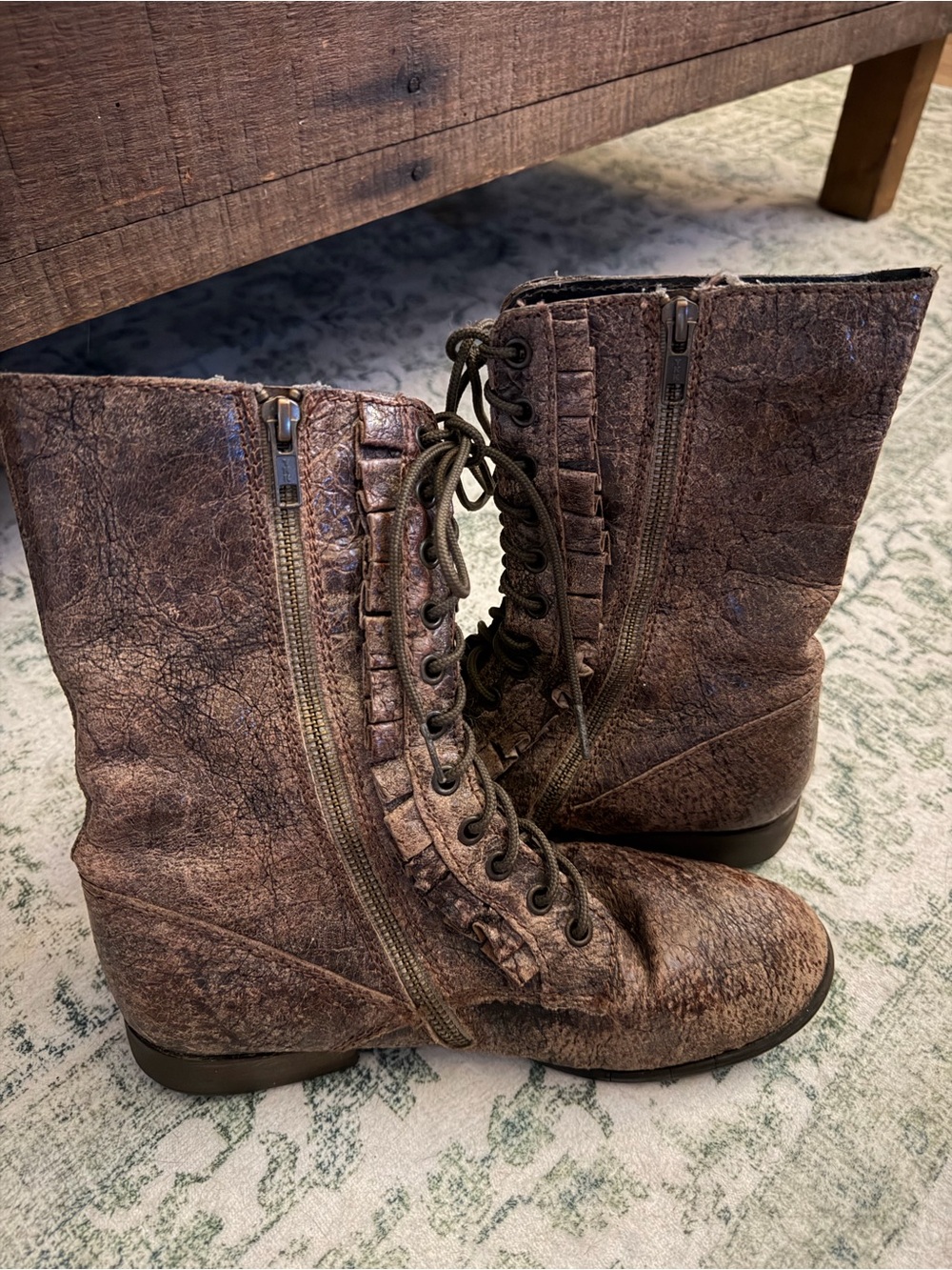 Betsey Johnson Brown Lace-Up Ruffle Trim Combat Boots